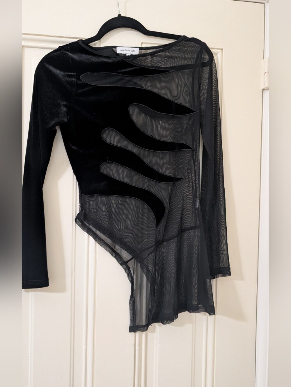 Asymmetric Black Mesh & Velvet Bodysuit